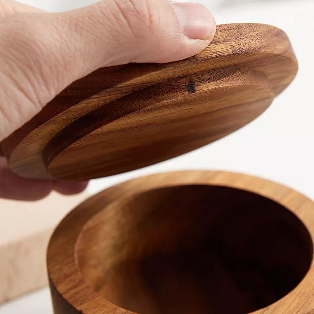 Round Acacia Wooden Salt Keeper Wood Salt Pepper Cellar with Lid