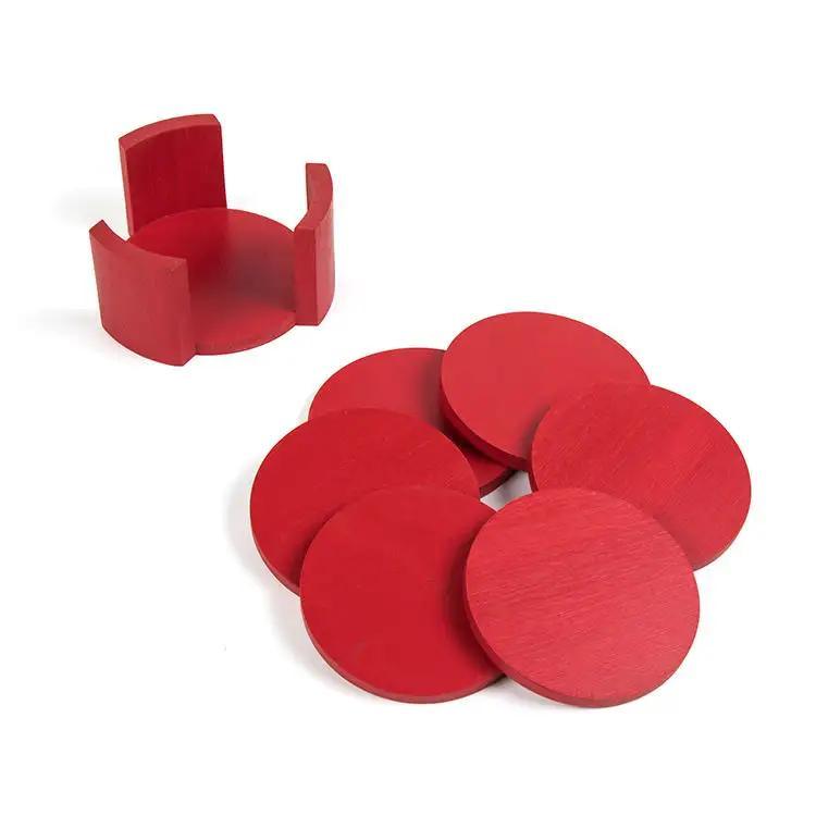 Custom Color Round Bamboo Wood Coaster Set Tableware Mat with Holder for Kitchen