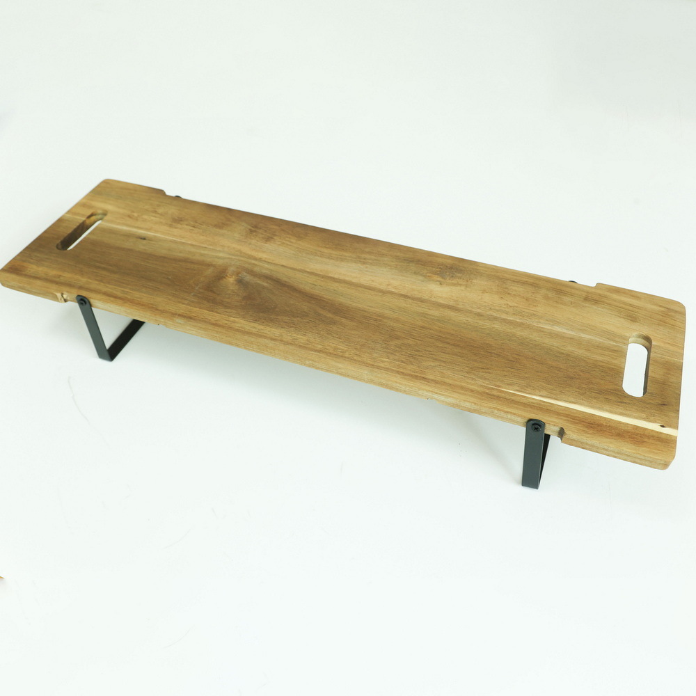 Long Wood Cutting Board Ottoman Wood Tray with Metal Handles for Food