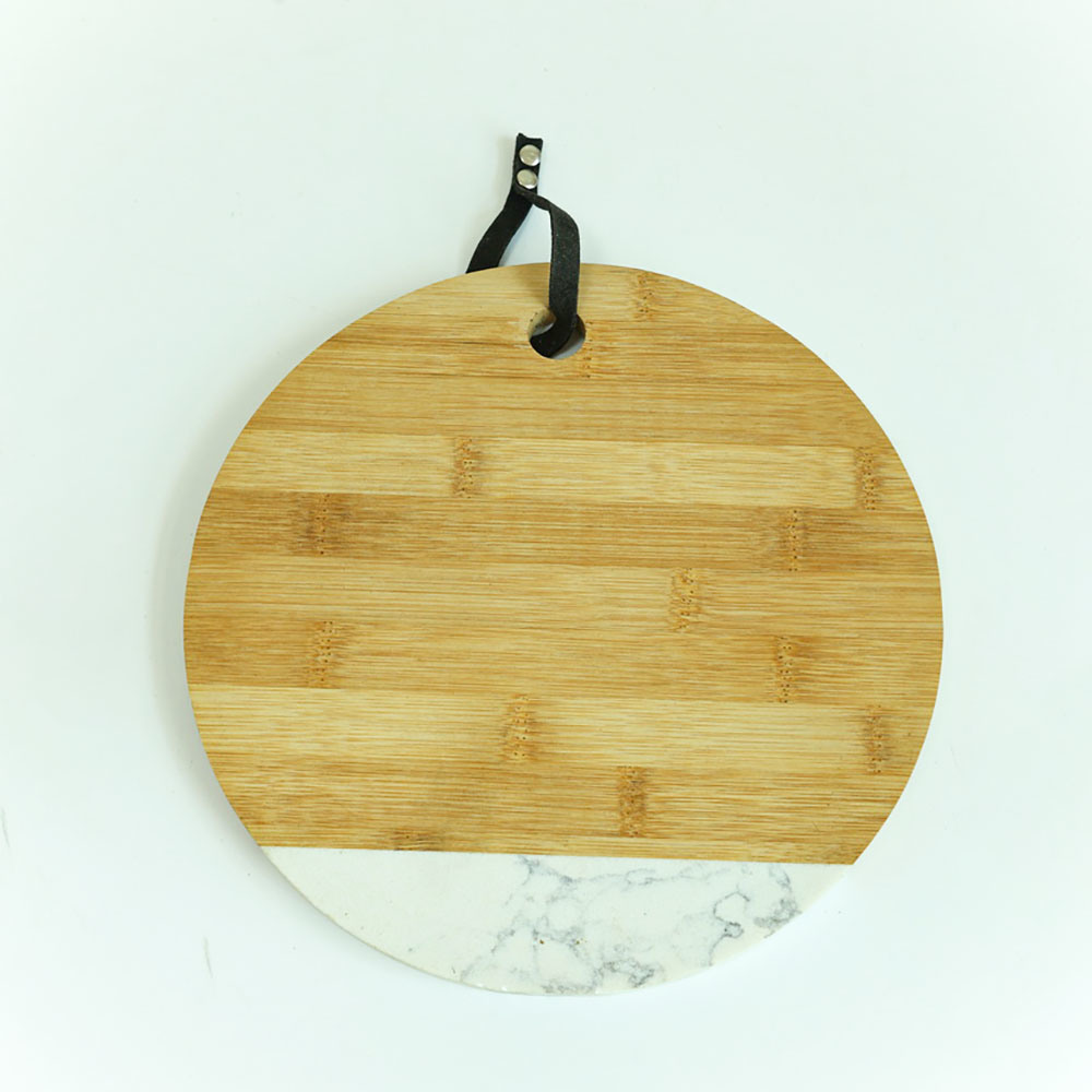 Large Round White Marble and Bamboo Serving Board Chopping Board