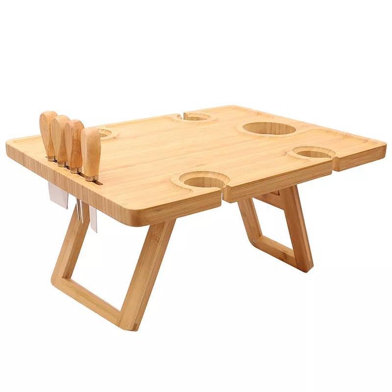 Portable Bamboo Wine Holder Table Outdoor Table Picnic Table with Folding Legs and Knife Set