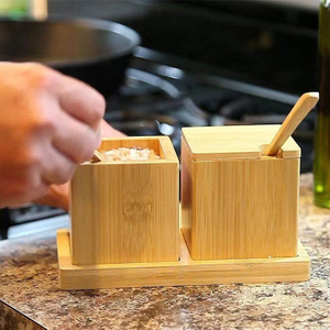 Bamboo Spice Box Kitchen Spice Box with Wooden Spoon Household Wooden Spice Storage Box Set with Small Tray