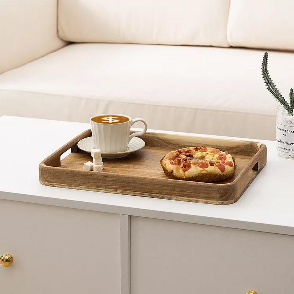 Natural Acacia Wooden Serving Tray with Handle for Coffee Tea Cake Breakfast