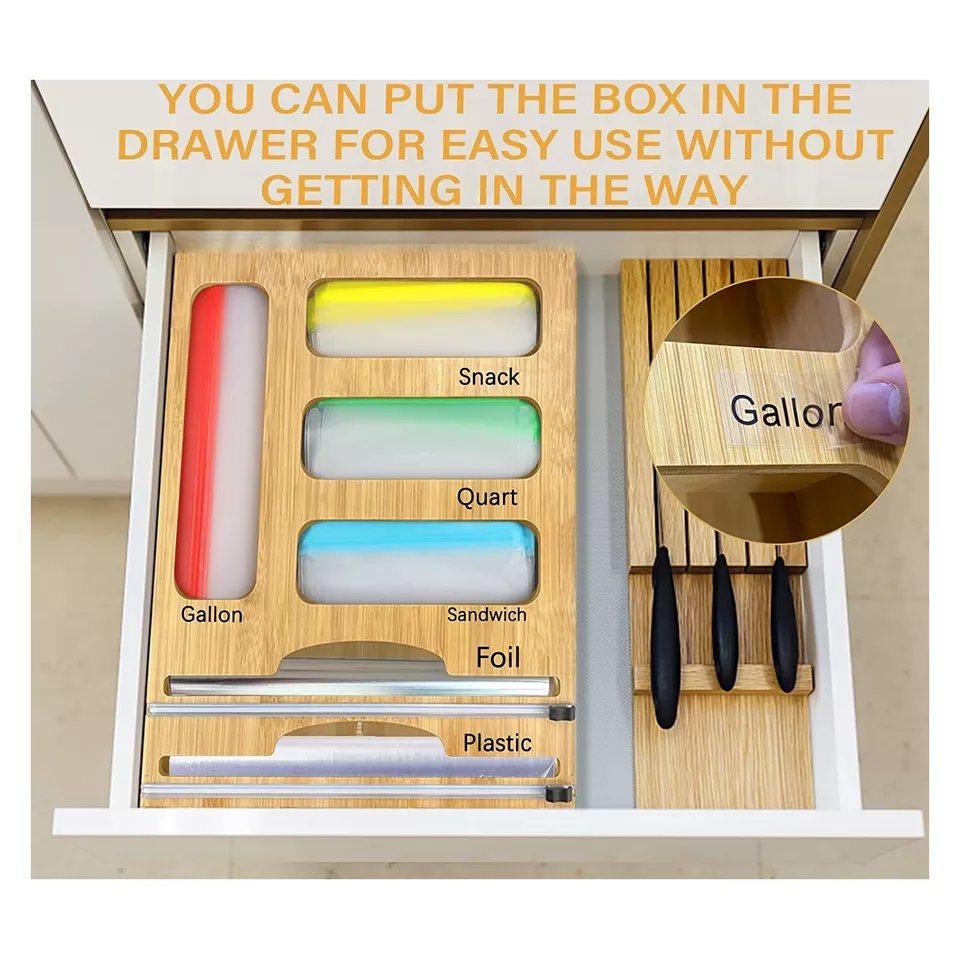 6 in 1 Bamboo Ziplock Bag Roll Storage Organizer Dispenser Container for Gallon Quart Sandwich Snack Wax Plastic Parchment