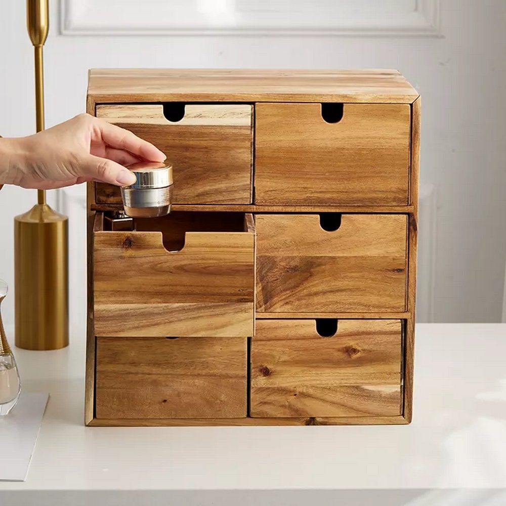 Custom Acacia Wood 3 Tier 6 Grid Sundries Storage Organizer Box Drawer