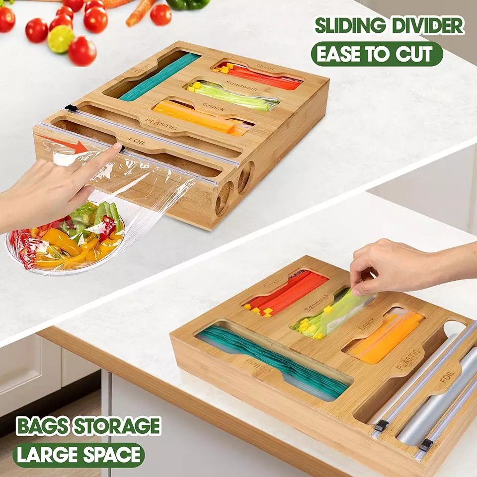 Eco-Friendly Bamboo 6 in 1 Wrap Dispenser with Cutter Suitable for Gallon Quart Sandwich Snack Bag Cling Film Foil etc