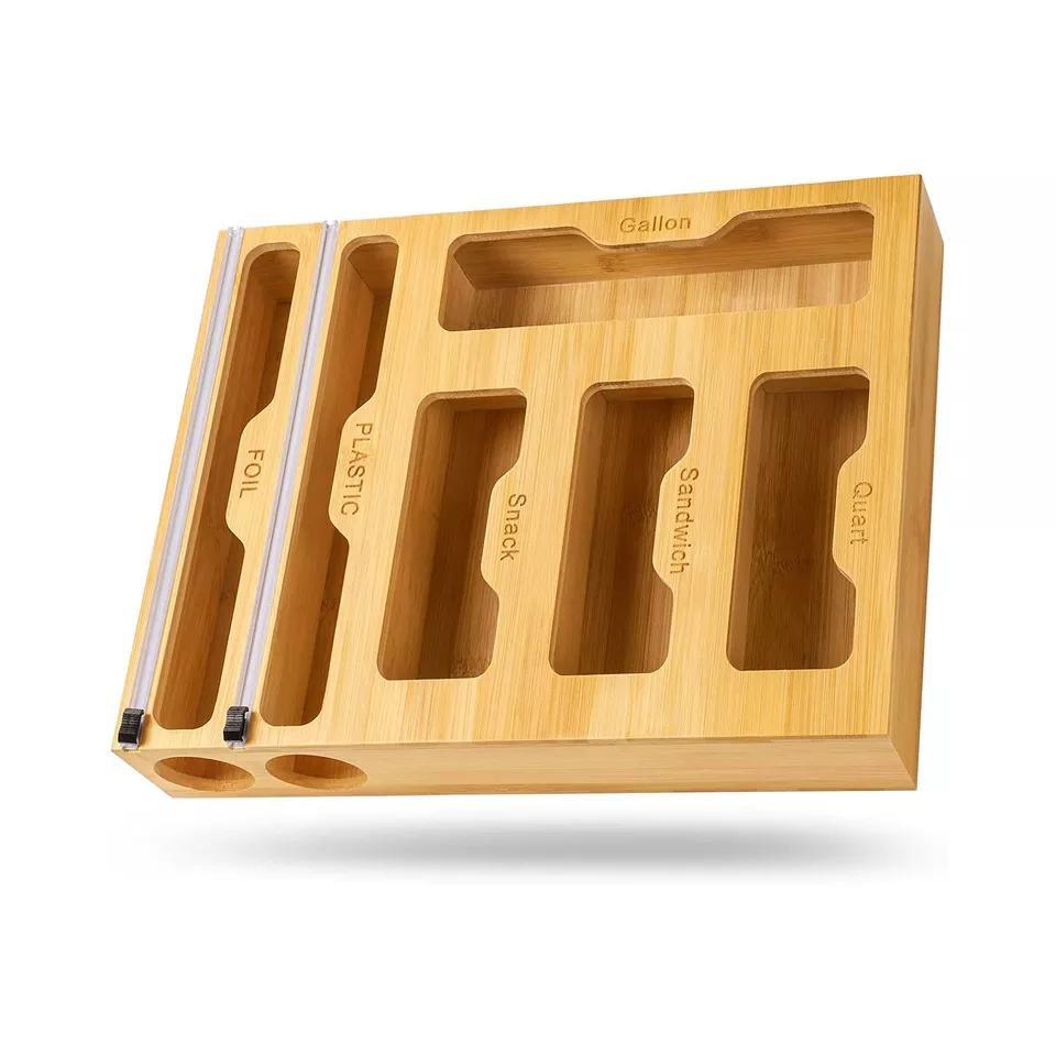 Eco-Friendly Bamboo 6 in 1 Wrap Dispenser with Cutter Suitable for Gallon Quart Sandwich Snack Bag Cling Film Foil etc