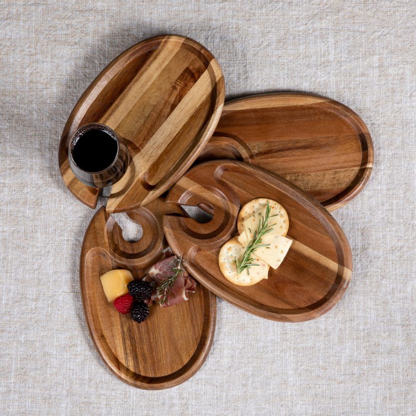 Single Wooden Cocktail Wine Glass Tray Wine Serving Tray with Glass Holder for Appetizer Party
