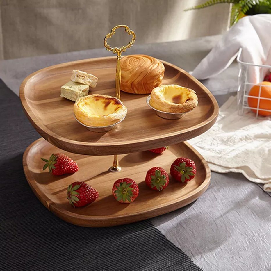 Wholesale Restaurant Party 2 Tier Acacia Wooden Cake Serving Tray Stand
