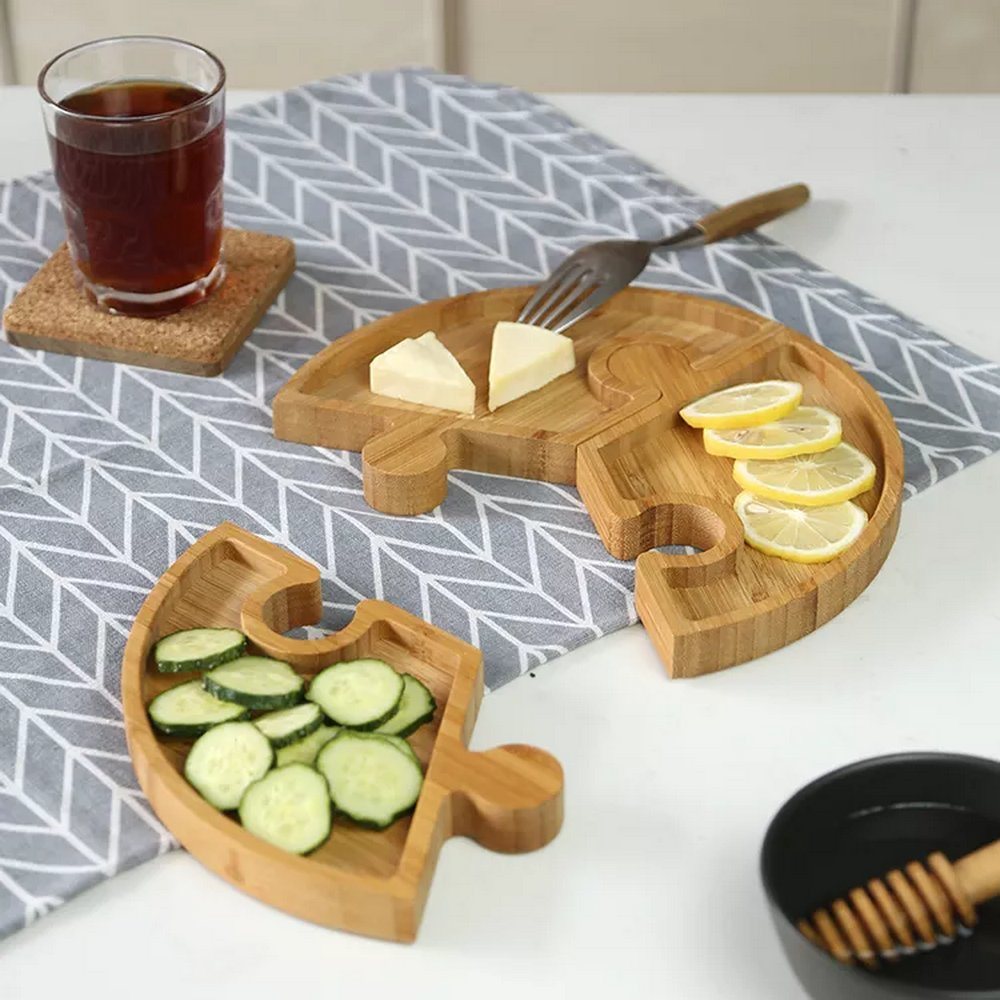Custom 3 Piece Set Bamboo Wood Puzzle Snack Plate Food Serving Trays