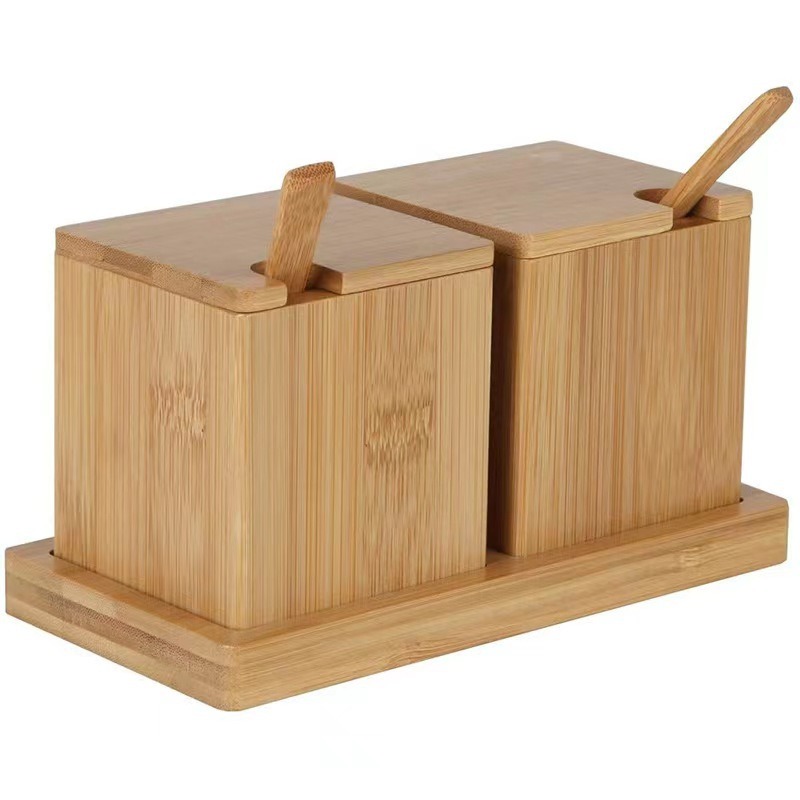Bamboo Spice Box Kitchen Spice Box with Wooden Spoon Household Wooden Spice Storage Box Set with Small Tray