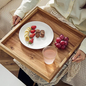 Acacia Wood Serving Tray with Metal Handles for Food Breakfast Coffee Cake