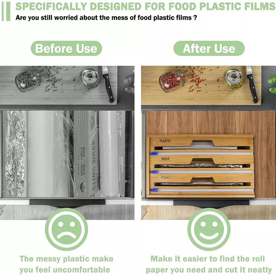 Hot-Sale Wholesale Bamboo 3 in 1 Plastic Wrap Foil Wax Storage Organizer with Removable Front Cover for Kitchen