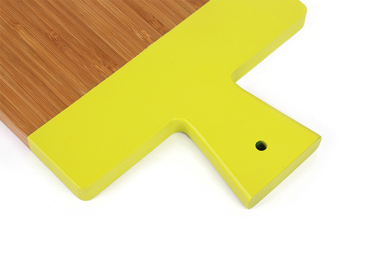 Unique Design Paddle Shape Thick Color Coding Bamboo Pizza Cheese Cutting Board with Handle