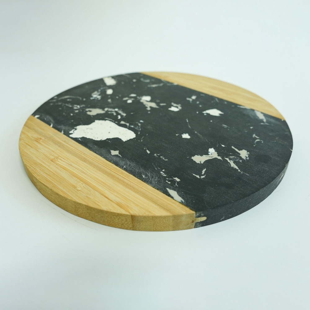 Round Bamboo Cutting Board Cheese Board with Black Marble in The Middle