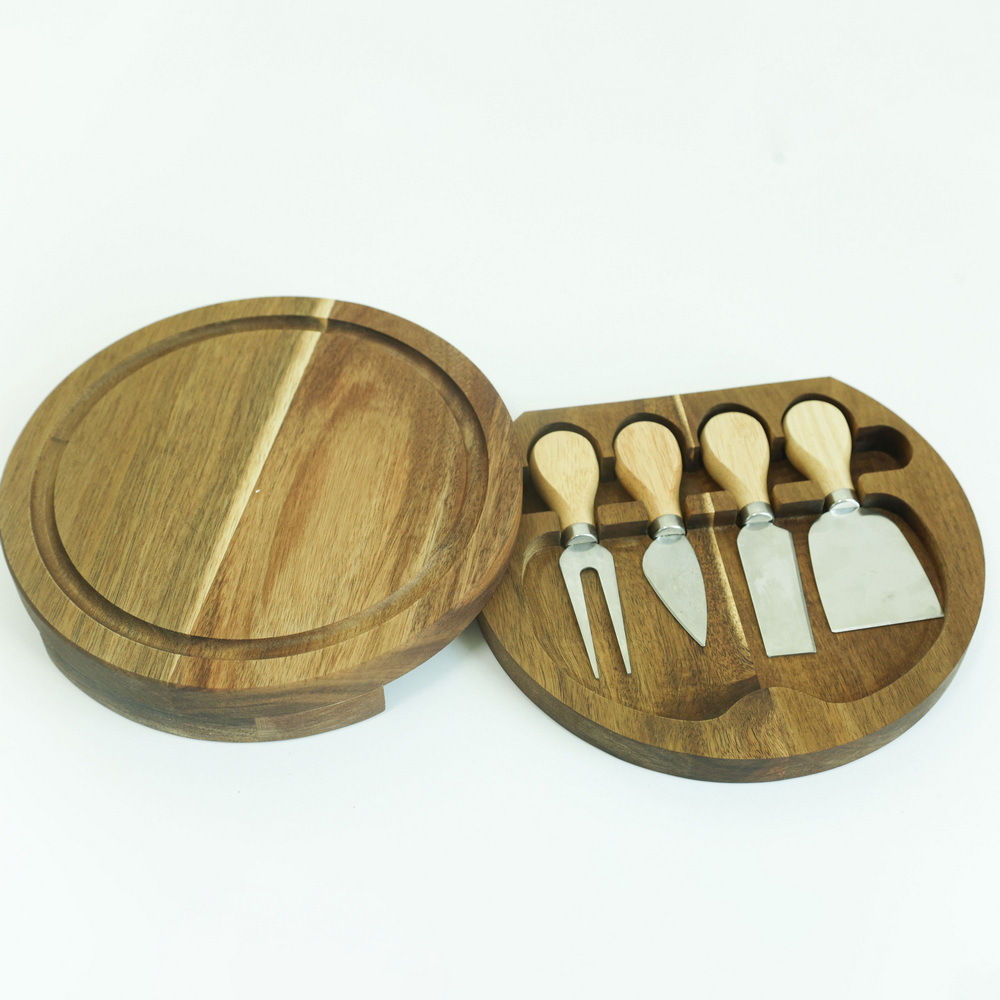 Swivel Small Round Wooden Cheese Board Charcuterie Board with 4 Knives