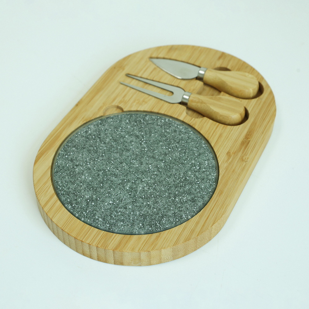 Oval Shape 3 Piece Bamboo Cheese Cutting Board with Inner Glass Board