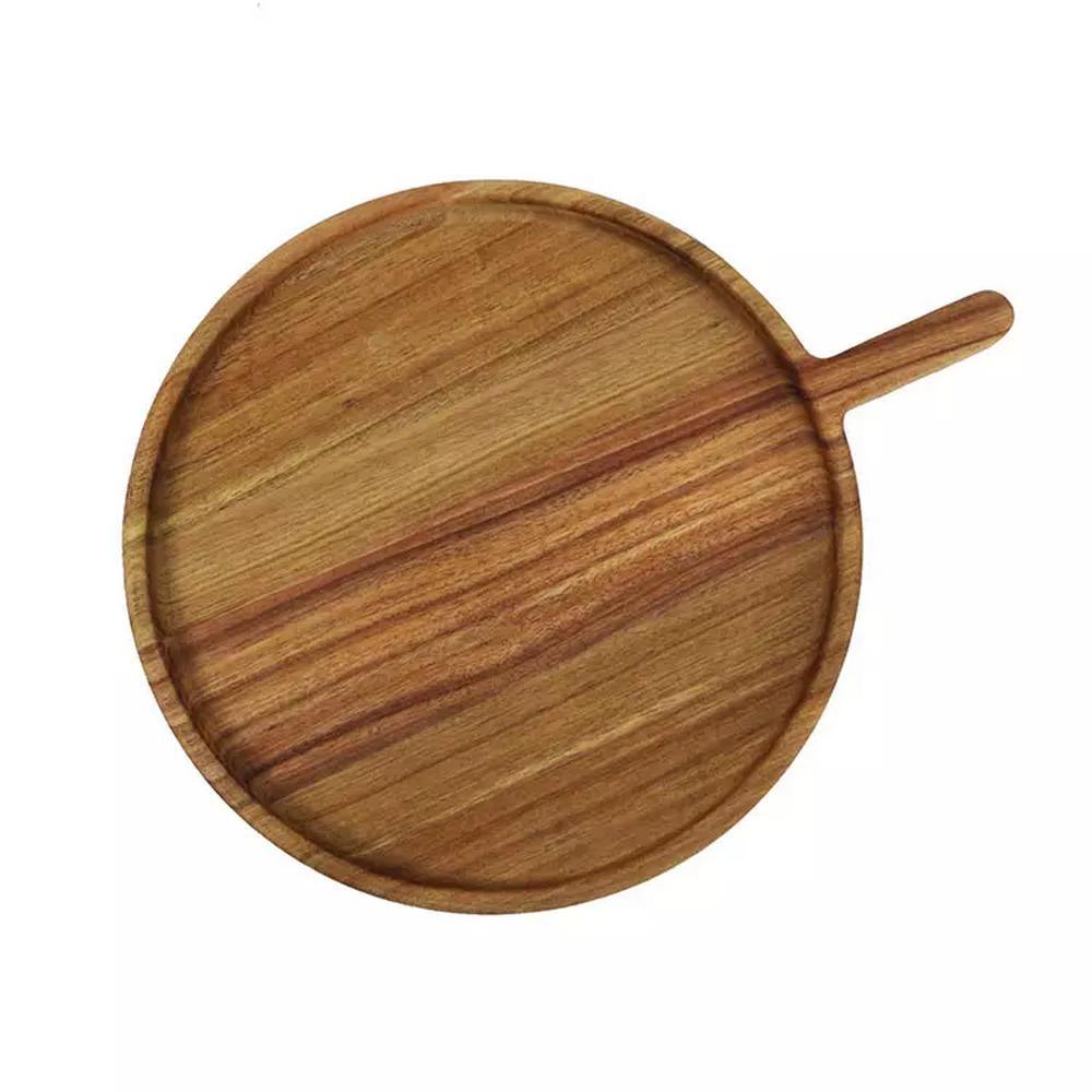 Custom Logo Round Shape Acacia Wood Serving Plate Serving Tray with Handle for Food Snack Dry Fruit