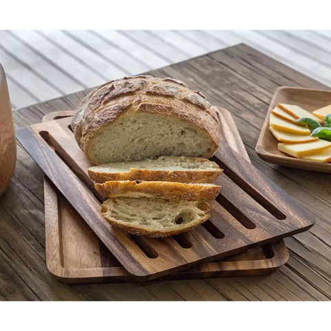 Conveniently Simple Acacia Wood Bread Board with Crumb Catcher Tray