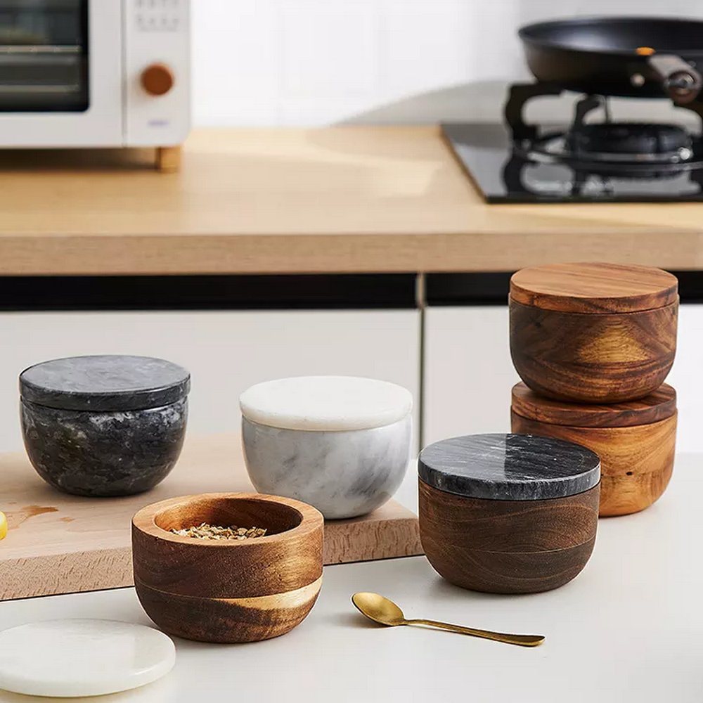 Round Acacia Wooden Salt Keeper Wood Salt Pepper Cellar with Lid