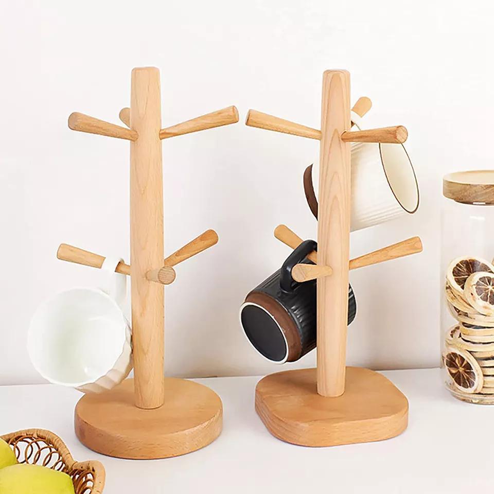 Tree Rack Accessories Mug Hanger Stands Wooden Mug Holder with 6 Hooks for Kitchen Counter