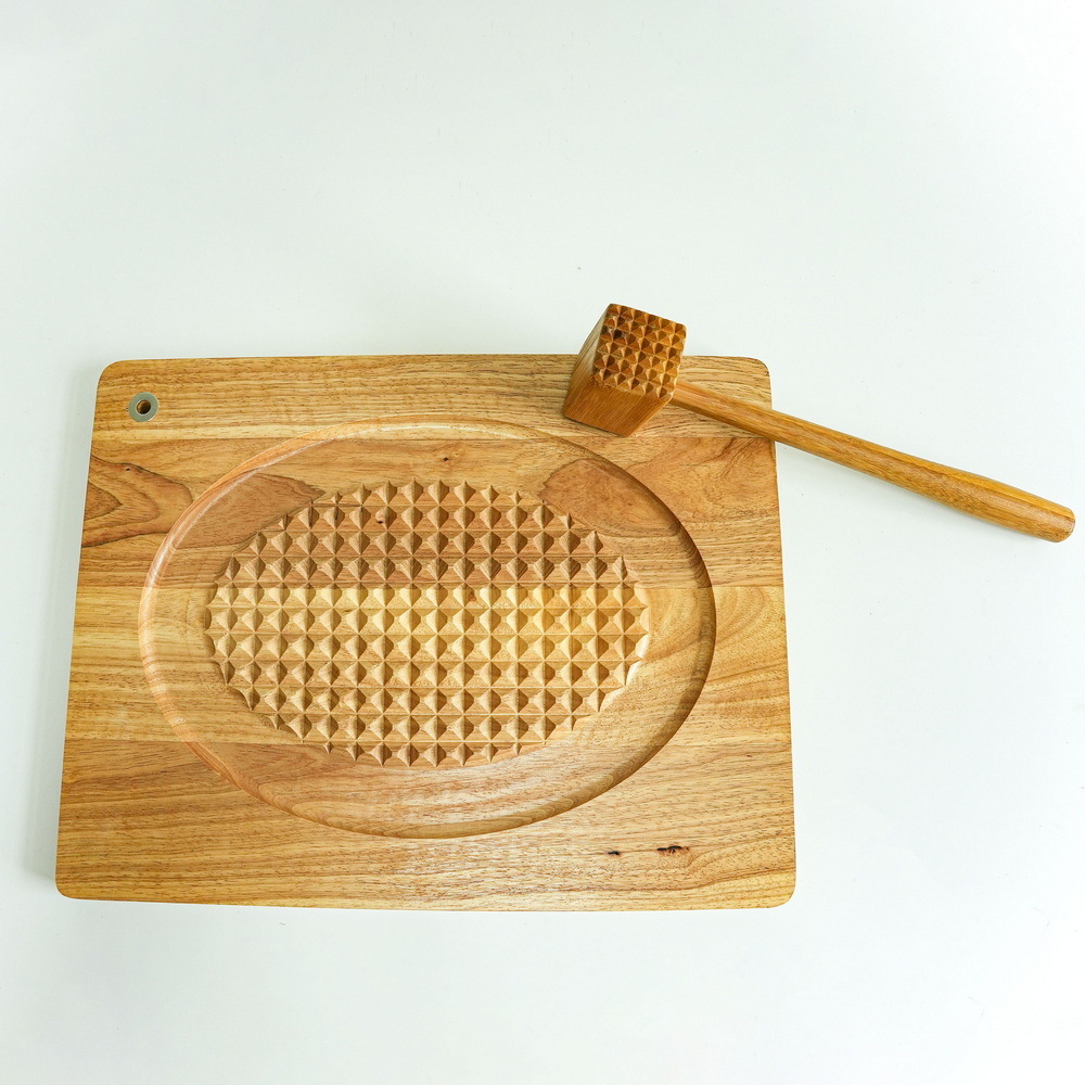 Reversible Rubber Wooden Meat Cutting Board Meat Carving Board with Meat Hamer