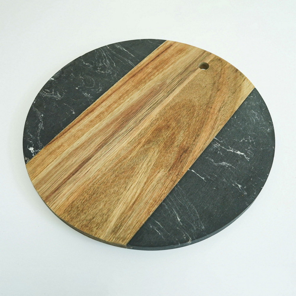 Multifunctional Round Shape Black Marble and Acacia Wood Cutting Board Chopping Board for Kitchen