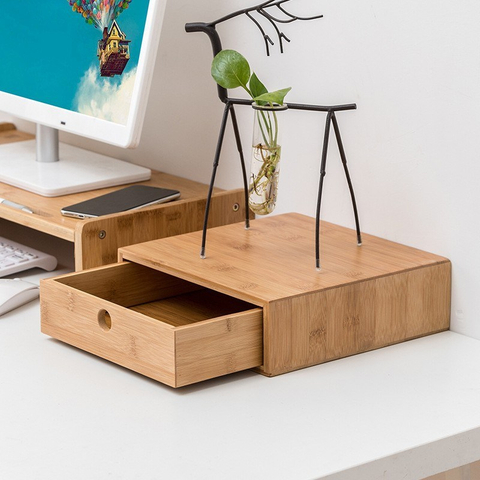 Desktop Storage Wooden Box Bamboo and Wood Pull-out Home Office Drawer Desk Storage Cabinet Shelf Wooden Box