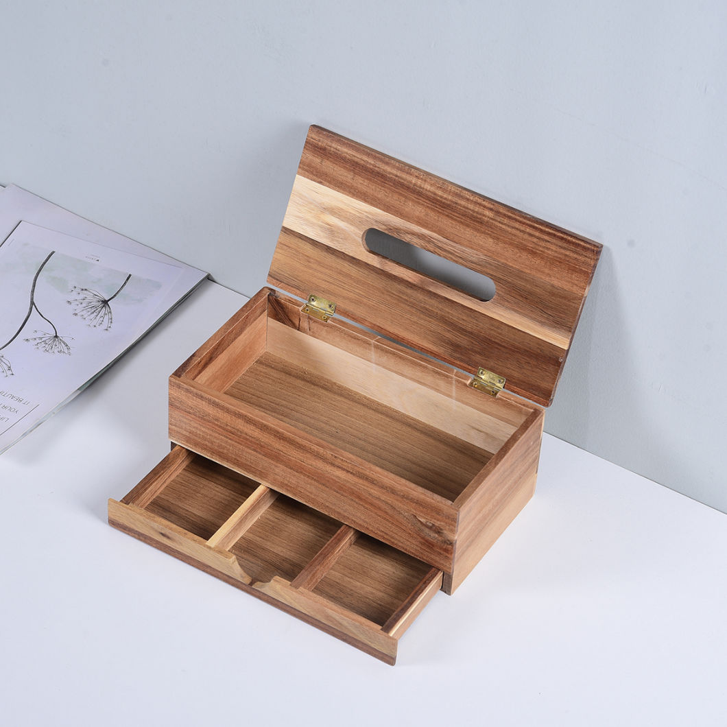 Decorative and Multipurpose Bamboo Tissue Box Wood Tissue Box with Drawer