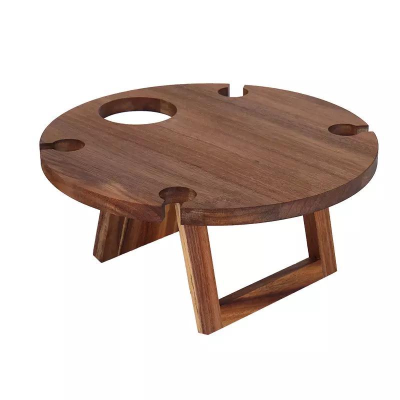 Portable Solid Acacia Wooden Round Wine Outdoor Folding Picnic Table with 4 Wine Glass Holder