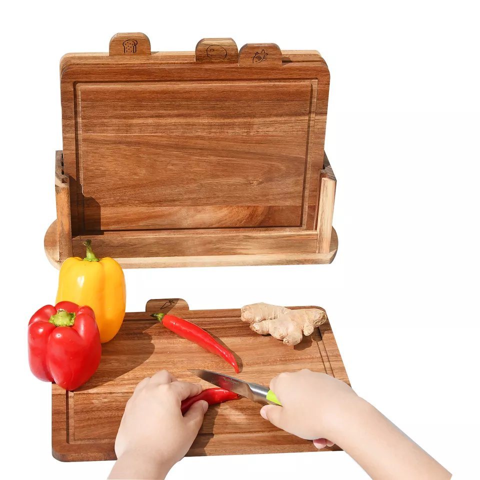 Acacia Wood Index Cutting Board Set with Storage Base Holder for Bread, Meat, Vegetables, Fish