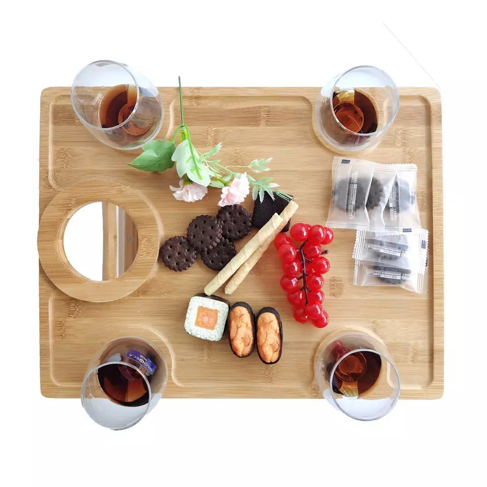 Folding Outdoor Bamboo Wine Table Snacks Cheese Board Wine Picnic Table with Wine and Bottle Holder