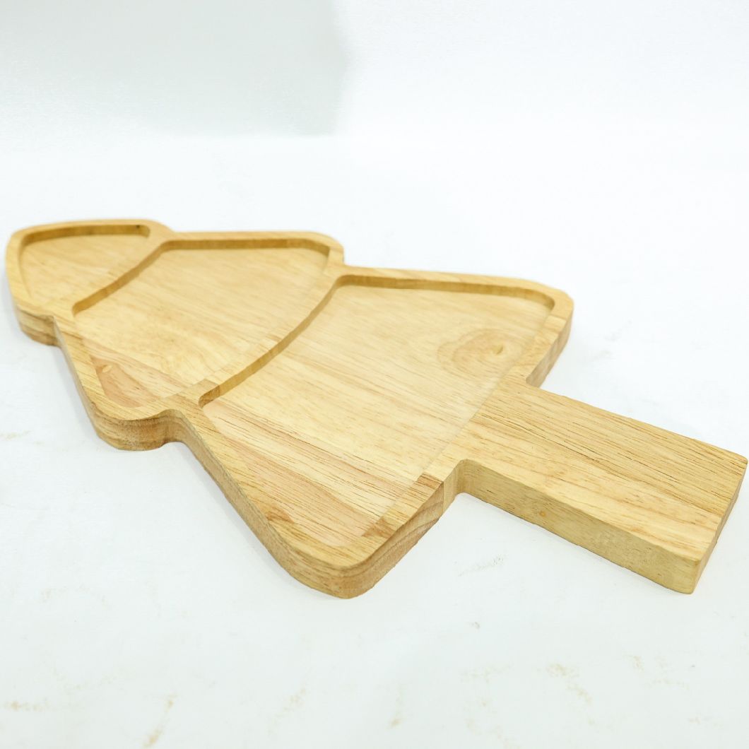 Hand Crafted Solid Rubber Wood Christmas Tree Tray, Holiday Serving Tray and Plate