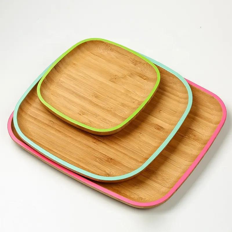 Square Bamboo Wooden Serving Tray Plate Dish with Color Edge for Appetizer Snack Nuts Cake and Breakfast