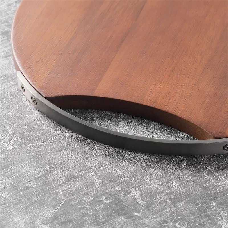 Custom Metal Handle Round Chopping Block Acacia Wood Cutting Board