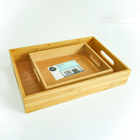 Rectangular Large and Medium Nested Bamboo Wooden Serving Tray Set for Kitchen with Cut out Handles