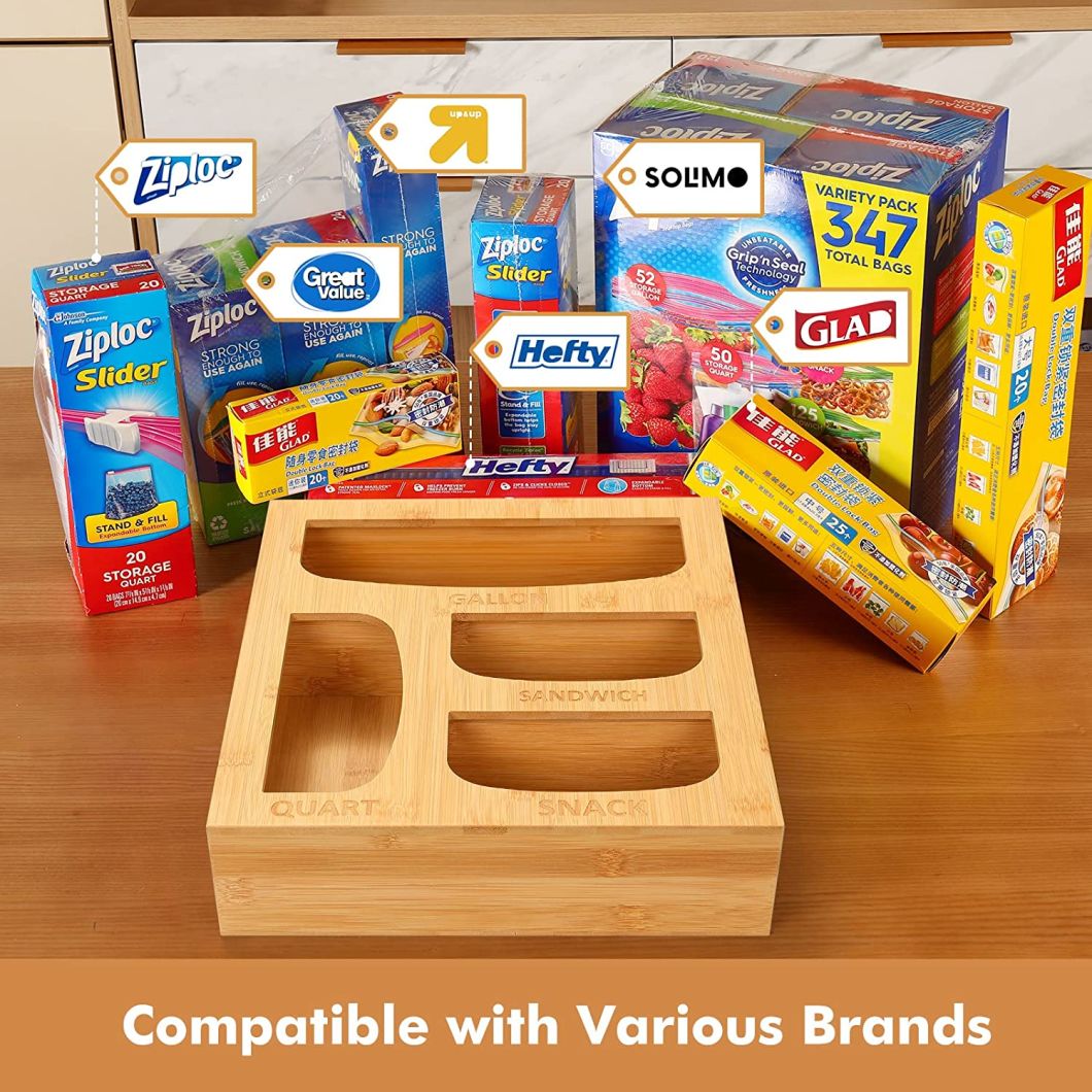 Pure Natural Compatible Quality Bamboo Ziplock Bag Storage Organizer for Kitchen Drawer
