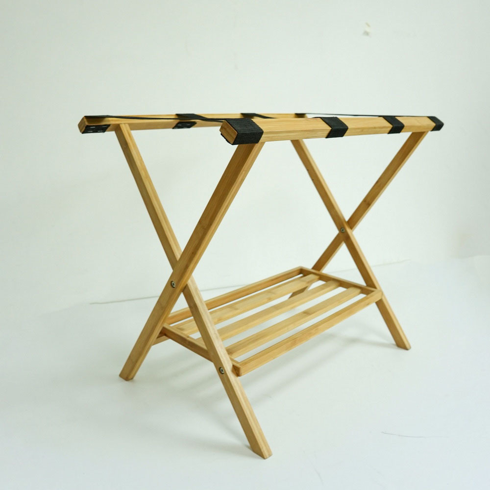 Folding Bamboo Wooden Luggage Rack Luggage Holder with 4 Nylon Straps for Hotel and Home