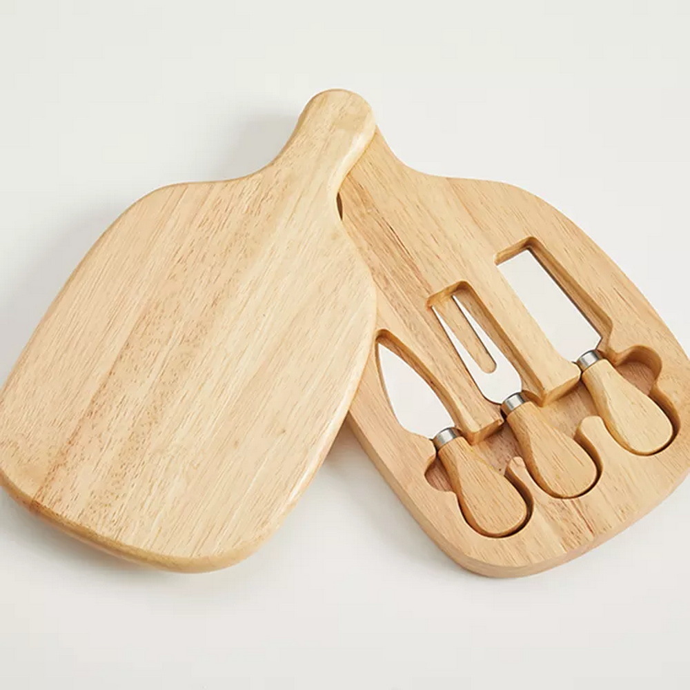 Rubber Wood Swiveling Charcuterie Cheese Serving Board with 3 Piece Knives Set