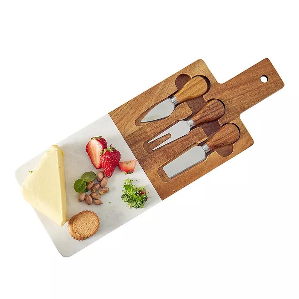 Custom Acacia Wood and Marble Cheese Serving Cutting Board with Cheese Knife Set