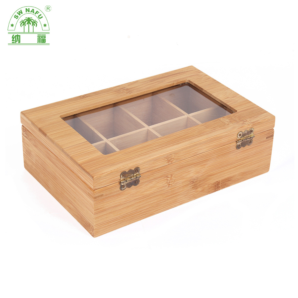 Custom Quality 8 Compartment Bamboo Tea Box and Tea Bag Organizer for Home or Company