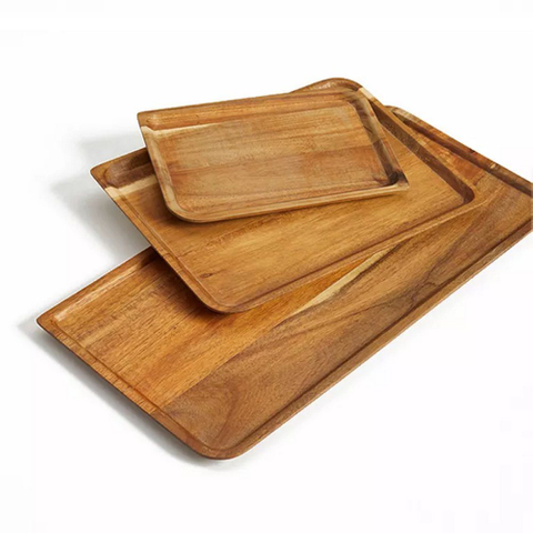 Rectangle 3 Sizes Acacia Wooden Foodplate Drink Coffee Serving Tray for Restaurant