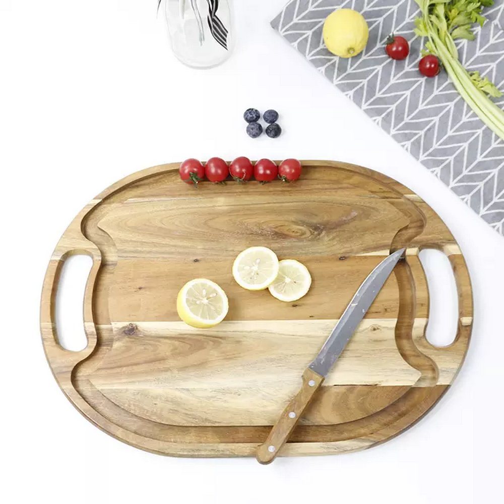 Custom Logo Large Natural Acacia Wood Barbecue BBQ Cutting Board with Handles