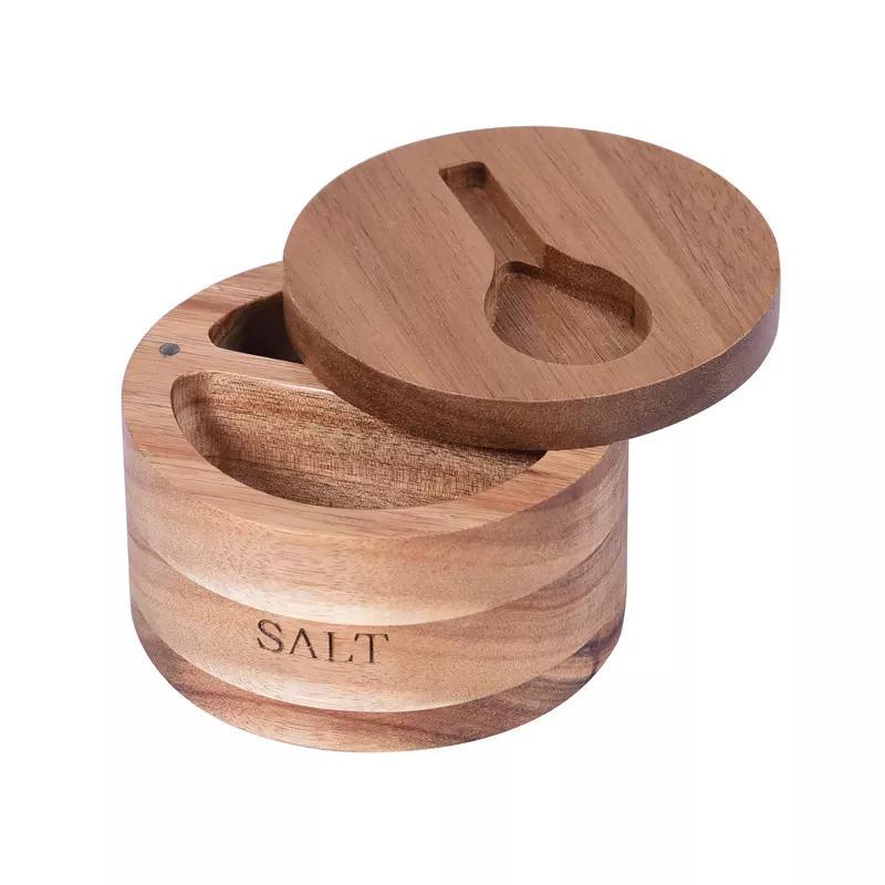 Acacia Salt Keeper Duet Salt and Pepper Bowl Salt Cellar and Storage Box with Two Compartment and Magnetic Swivel Lid