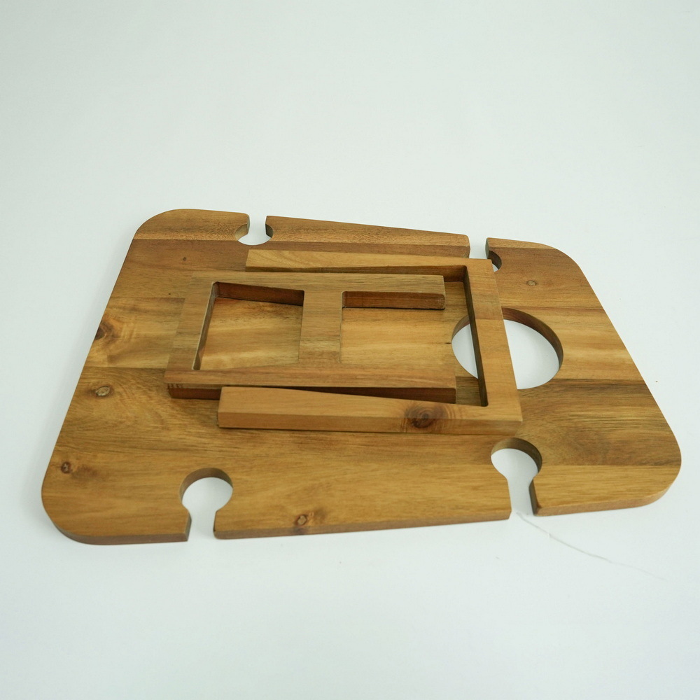 Foldable and Portable Acacia Wood Wine Picnic Table with Glass Holder and Snack Tray for Outdoor Camping