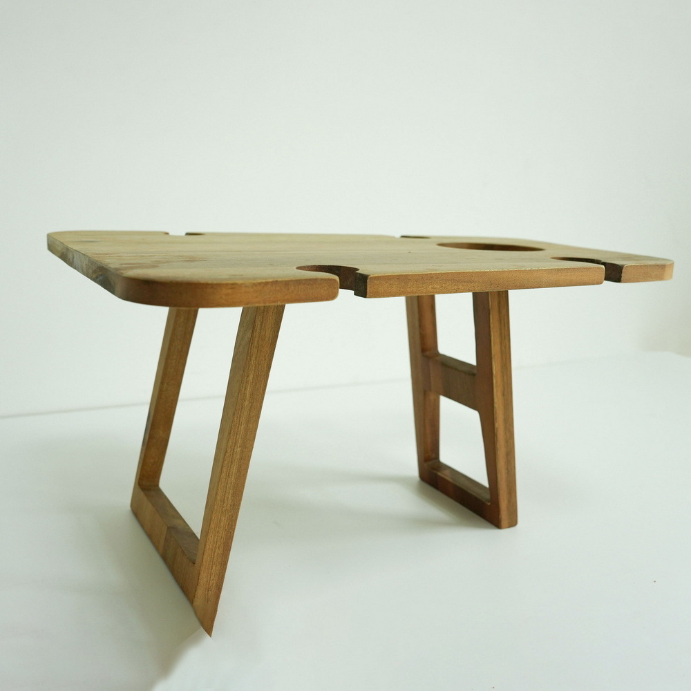 Foldable and Portable Acacia Wood Wine Picnic Table with Glass Holder and Snack Tray for Outdoor Camping