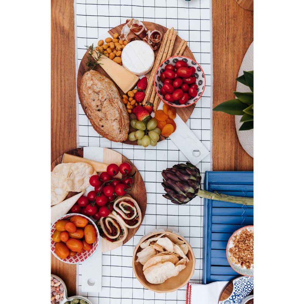 Large Round White Marble and Wood Paddle Cutting Board Cheese Board
