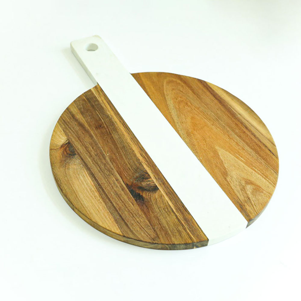 Large Round White Marble and Wood Paddle Cutting Board Cheese Board