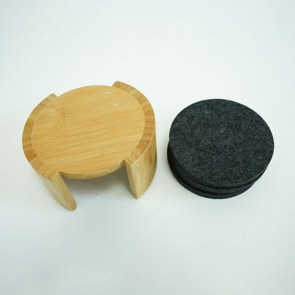 Round Felt Drink Coasters Felt Tea Cup Coasters Felt Coaster Set with Bamboo Holder
