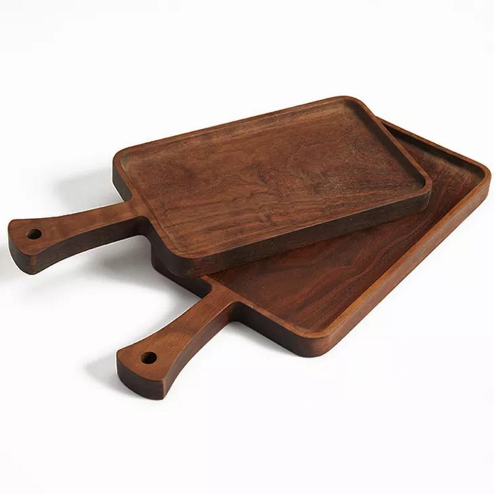 Rectangle Shape Black Walnut Wood Serving Tray with Handle for Food